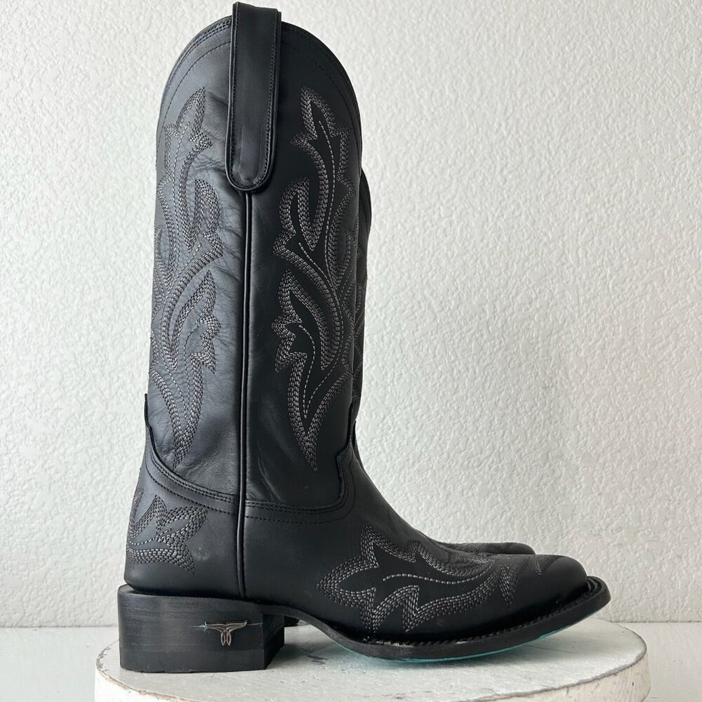 Lane Saratoga Womens Square Toe Cowboy Boots Sz 7 Black Leather Western Mid Calf - Picture 3 of 11